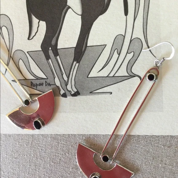 Vintage Native American - Dangle Black Onyx & 925 Silver Earrings - Picture 2 of 7